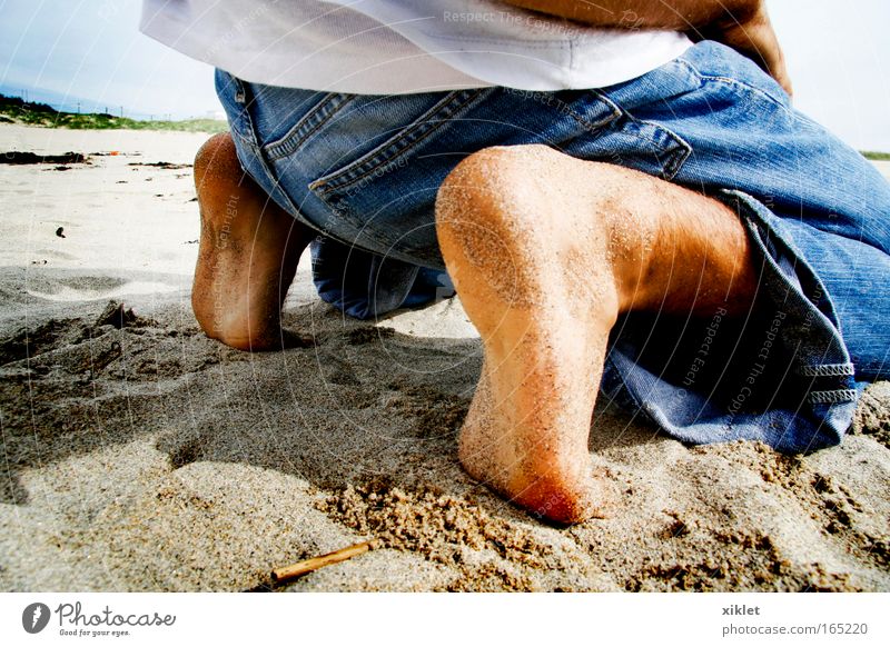 strand Day Masculine Young man Youth (Young adults) Legs Feet 1 Nature Sand Coast Beach Ocean Lie Blue Yellow White Peaceful Serene Calm Relaxation Joy Kneel