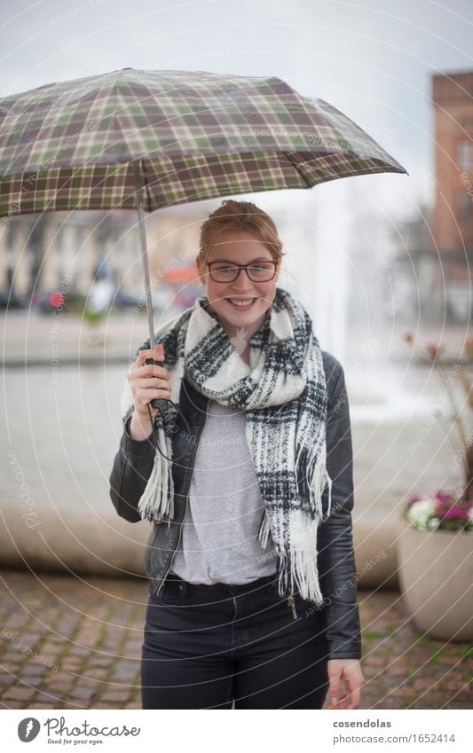 rain in the city Joy University & College student Feminine Young woman Youth (Young adults) Woman Adults 1 Human being 18 - 30 years Places Scarf Smiling