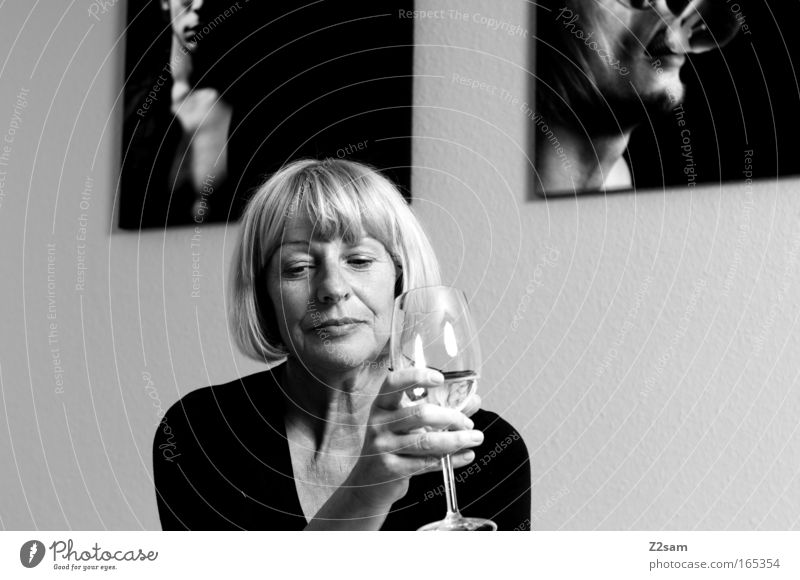critic Black & white photo Interior shot Downward Elegant Interior design Human being Feminine Face 1 45 - 60 years Adults Blonde Think Communicate Sit Old