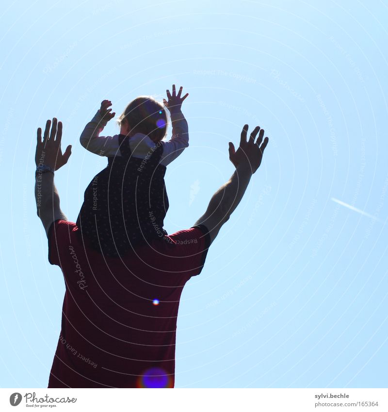 adoration Freedom Sun Toddler Girl Man Adults Father Back Arm Hand Shoulder Sky Sit Carrying Dream Happiness Infinity Blue Joy Happy Joie de vivre (Vitality)