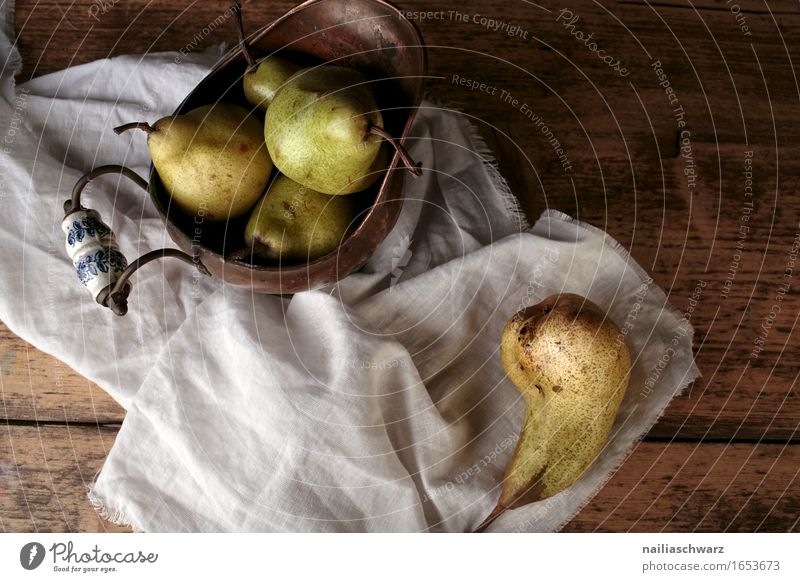 Still life with pears Food Fruit Pear Organic produce Vegetarian diet Diet Crockery Bowl Style Wood Cloth Textiles Rag Healthy Delicious Natural Retro Juicy