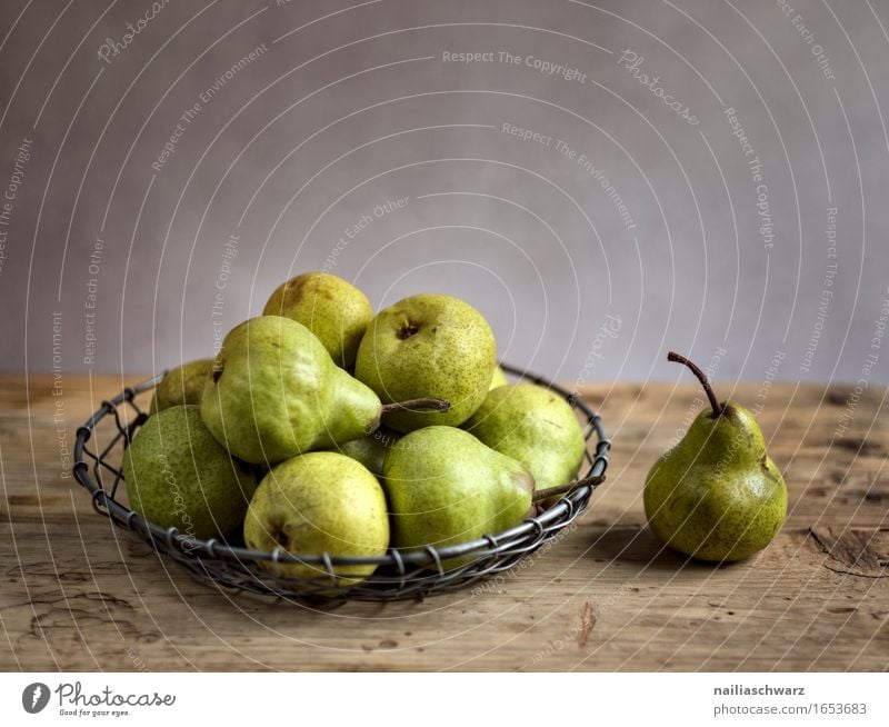 Still life with pears Food Fruit Dessert Organic produce Vegetarian diet Diet Fasting Bowl Style Wood Metal Fragrance Fresh Healthy Delicious Natural Retro