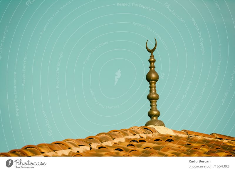 Islamic Religion Crescent Moon Sign On Mosque Architecture Church Dome Manmade structures Building Roof Blue Brown Gray Black Turquoise Peace Hope