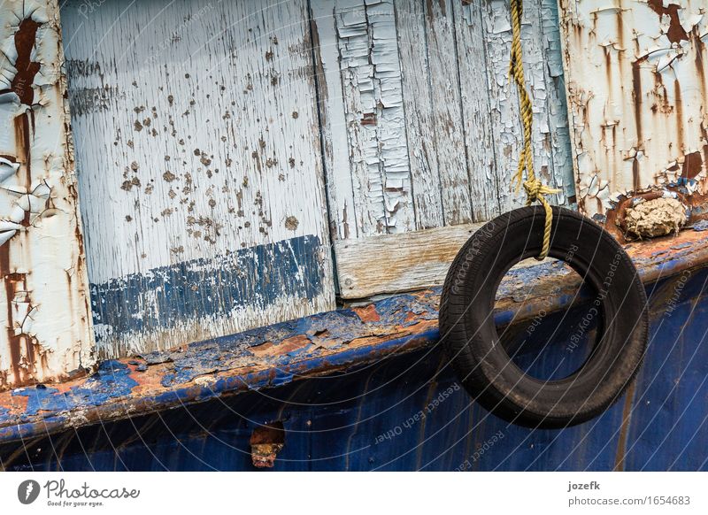 Forsaken Fishing boat Harbour Rope Metal Blue Brown Moody Sadness Colour photo Exterior shot Deserted