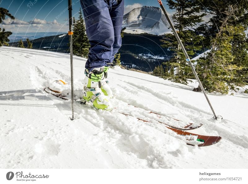Skis and ski boots Leisure and hobbies Skier Skiing Vacation & Travel Trip Adventure Expedition Winter Snow Mountain Legs 1 Human being Peak Snowcapped peak