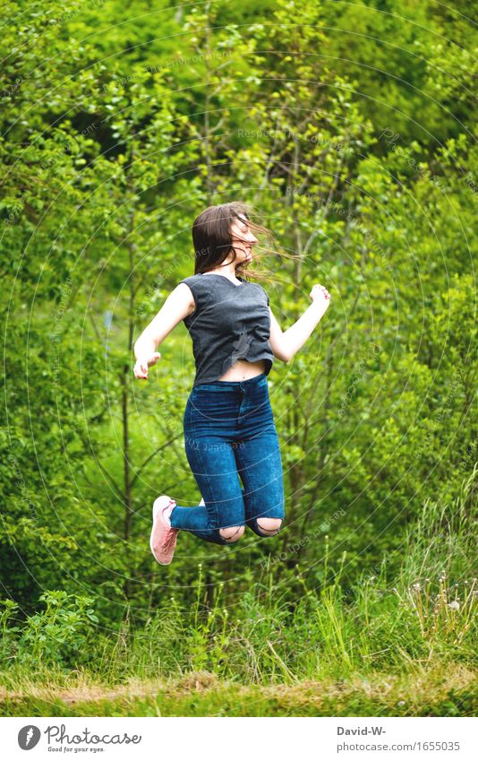 joyful leap Healthy Health care Athletic Life Well-being Contentment Playing Summer Summer vacation Sun Human being Young woman Youth (Young adults) Woman