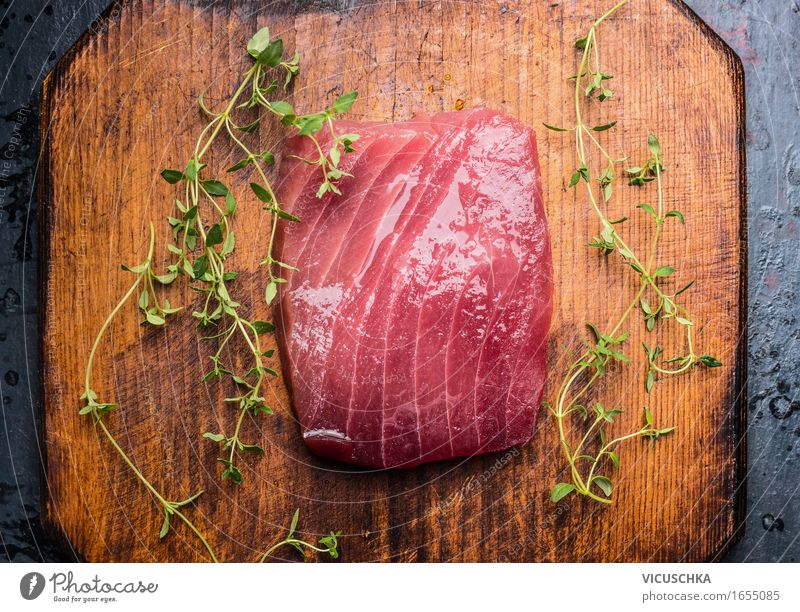 Tuna steak on rustic wood Food Fish Herbs and spices Nutrition Banquet Sushi Style Healthy Eating Kitchen Restaurant Yellow Design Steak Tuna fish Raw Close-up