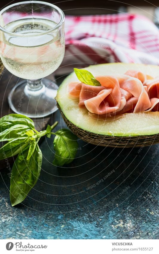 Melon with ham and glass of white wine Food Meat Fruit Herbs and spices Nutrition Lunch Buffet Brunch Banquet Organic produce Vegetarian diet Diet Italian Food