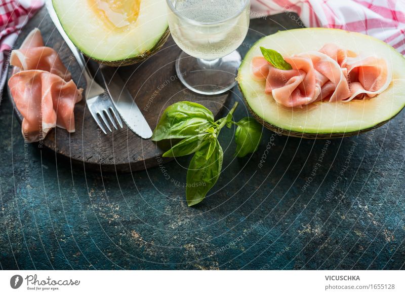 Italian cuisine, melon with Parma ham Food Meat Sausage Fruit Herbs and spices Nutrition Lunch Banquet Business lunch Picnic Organic produce Italian Food Wine