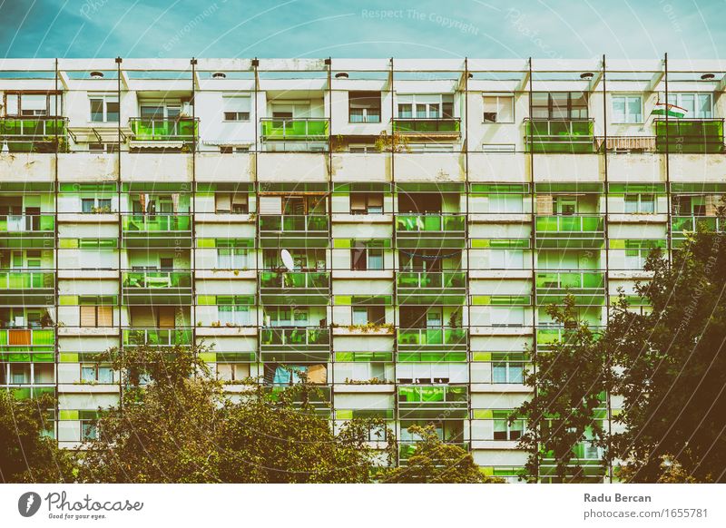 Communist Building Apartments Architecture Hungary Europe Small Town Downtown House (Residential Structure) Manmade structures Facade Blue Green Turquoise