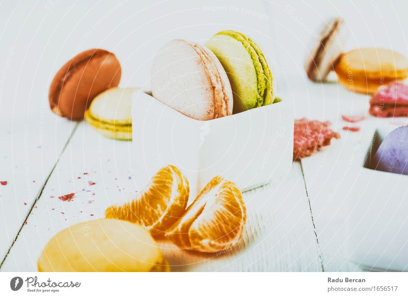 French Macaroons With Tangerine Slices On Wood Table Food Fruit Orange Dessert Candy Macaron Nutrition Eating Breakfast Diet Feeding Fresh Healthy Green Pink