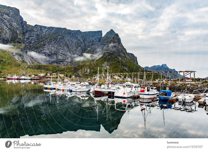 fishing port pure Environment Nature Clouds Summer Bad weather Rock Coast Ocean Fishing boat Harbour Gray Green Calm Lofotes Norway Europe Nordic Cliff