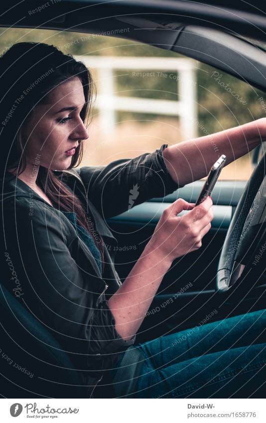 Mobile phone at the wheel Woman Cellphone car Motoring peril distracted SMS Reading Risk of accident Car