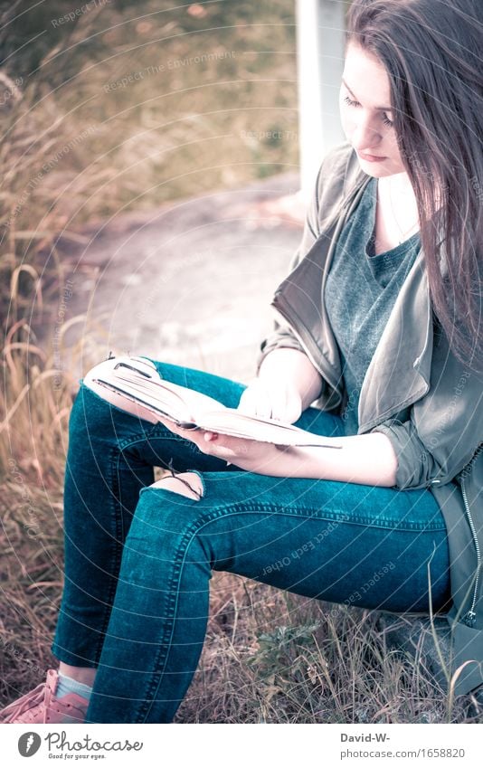 young woman reading a book out in nature Nature Reading Book books Reading matter Reader Bookworm Stories Study tranquillity relaxation Education Literature