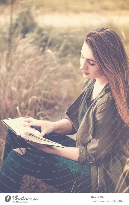 pretty young woman reading a book Book Reading Reader out Nature Study Academic studies Student hollowed Literature Reading matter Education