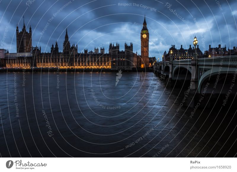 house of parliament Environment Landscape Elements Water Sky Clouds Night sky River bank London Big Ben England Town Capital city Downtown Skyline Church Palace