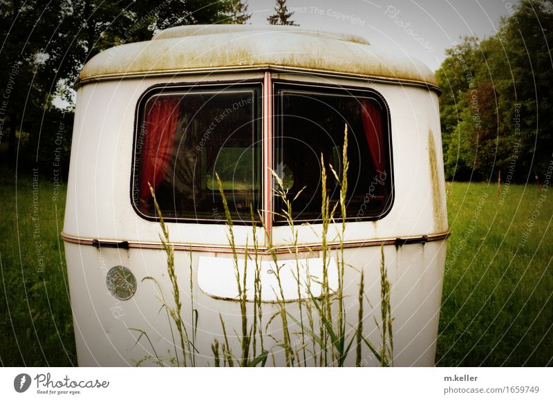 old caravan with red curtains on a meadow Design Leisure and hobbies Vacation & Travel Trip Adventure Far-off places Camping Caravan Relaxation Together