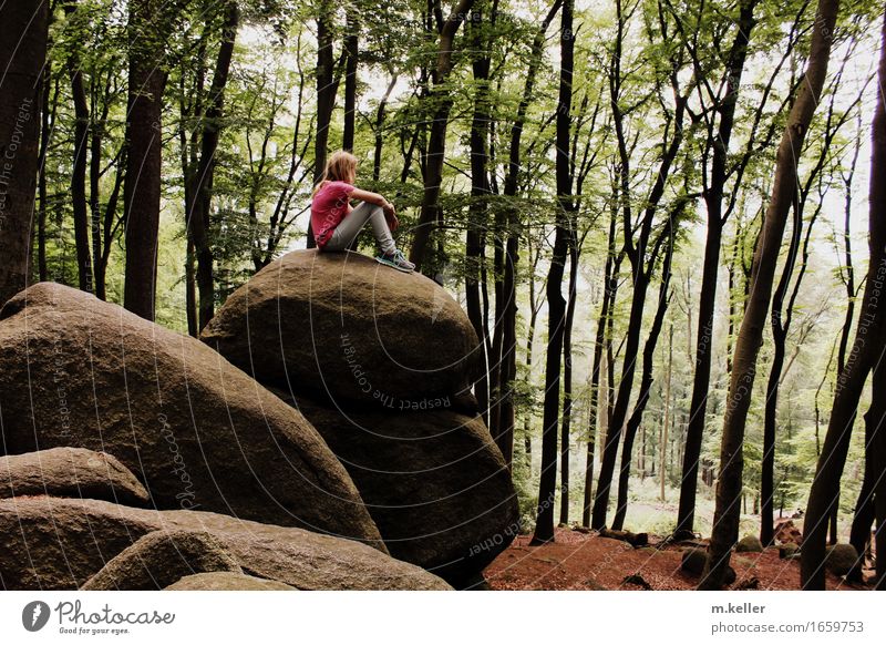 Young girl sits on a huge rock in the sea of rocks Joy Happy Vacation & Travel Tourism Trip Adventure Far-off places Freedom Sightseeing Summer Mountain