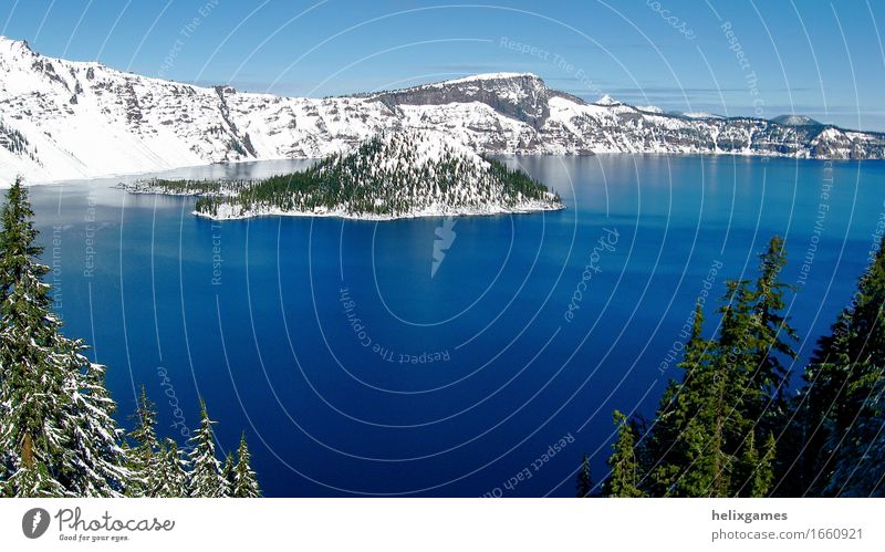 Crater Lake National Park Island Winter Snow Mountain Landscape Volcano Blue Volcanic crater water Oregon Colour photo Day