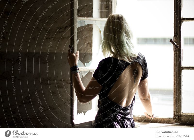 jule Human being Feminine Young woman Youth (Young adults) Back 1 18 - 30 years Adults Ruin Wall (barrier) Wall (building) Window Fashion Dress Blonde