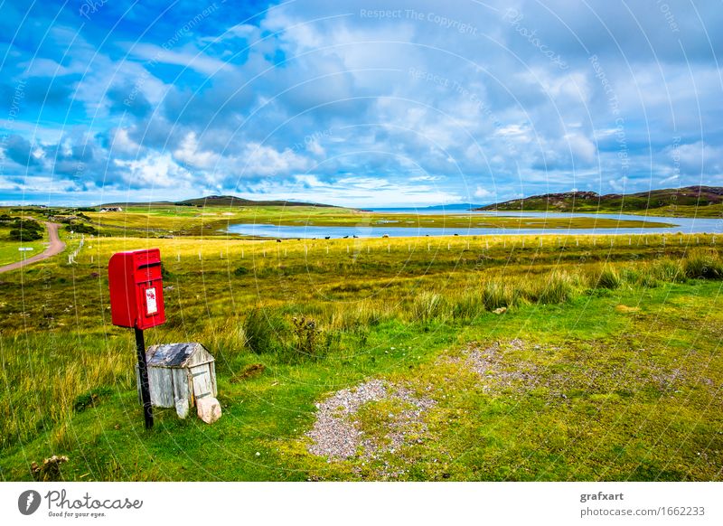 Lonely red mailbox in the landscape of Scotland Mail Mailbox Landscape Loneliness Idyll Calm Highlands Red Travel photography High plain Old Nature Environment