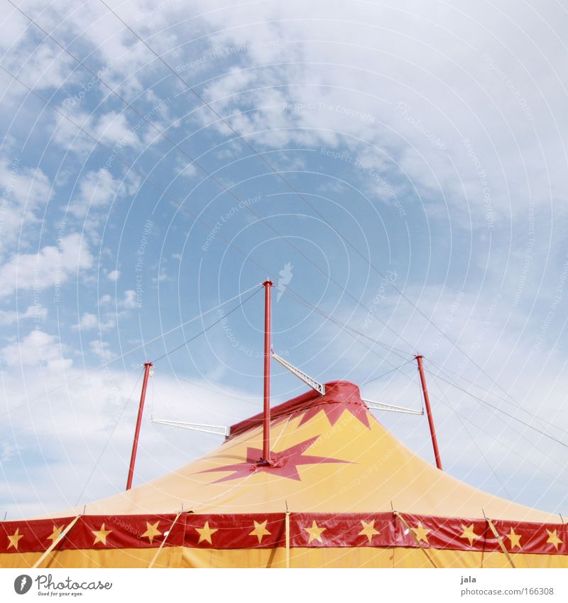 big top Colour photo Exterior shot Deserted Copy Space top Day Artist Circus Shows Sky Large Yellow Red Joy Enthusiasm Tent ceiling