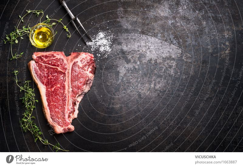 Fresh T-bone Steak With Herbs Contemporary Style Steak Beefsteak Kitchen Decor Specialty Foods Condiments Restaurant Poster |