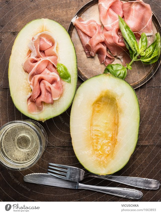 Ham and melon with white wine and cutlery Food Meat Sausage Fruit Nutrition Lunch Buffet Brunch Banquet Business lunch Italian Food Beverage Wine Plate Glass