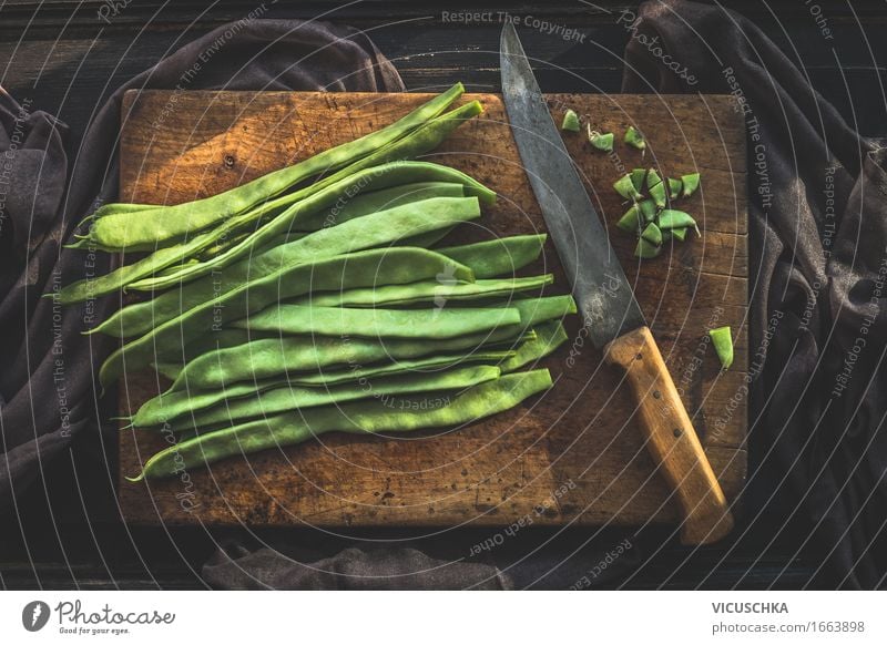 Green beans on cutting board with kitchen knife Food Vegetable Nutrition Lunch Organic produce Vegetarian diet Diet Knives Lifestyle Style Healthy Eating Summer