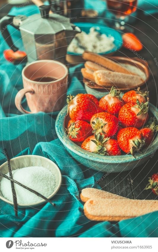 Kitchen table with strawberries Tiramisu ingredients Food Fruit Dessert Candy Nutrition Italian Food Crockery Plate Bowl Cup Style Summer Living or residing
