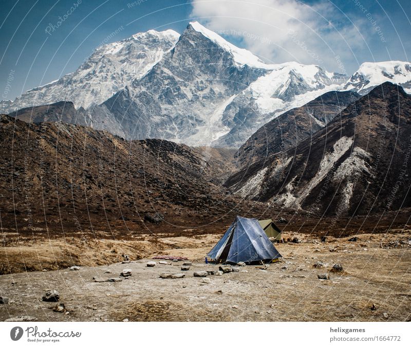 tent below the mountain Adventure Expedition Camping Snow Mountain Hiking Landscape Sky Clouds Himalayas Peak Glacier Blue Loneliness Kanchenjunga Sikkim