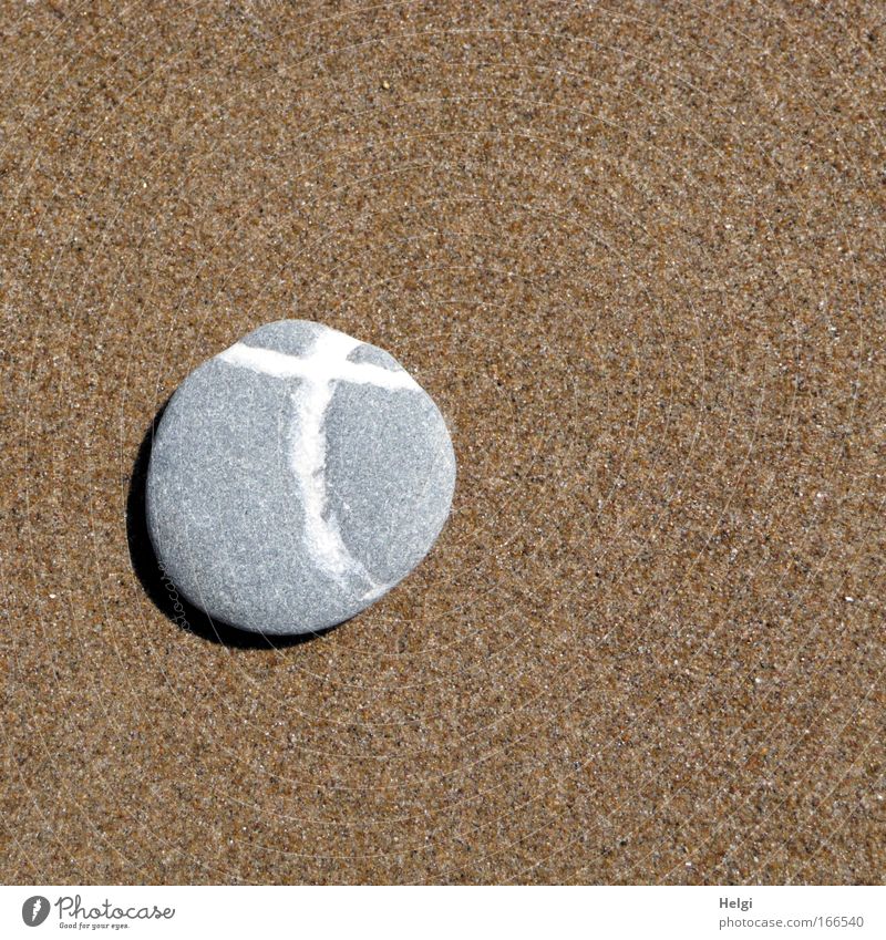 Pebble with cross lies on sandy ground Colour photo Subdued colour Exterior shot Detail Deserted Copy Space right Copy Space top Copy Space bottom Day Nature
