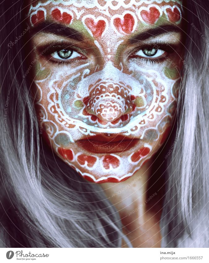 Face of a young woman with grey hair and face paint Design Exotic pretty Skin Make-up Human being Feminine Young woman Youth (Young adults) Woman Adults Life 1