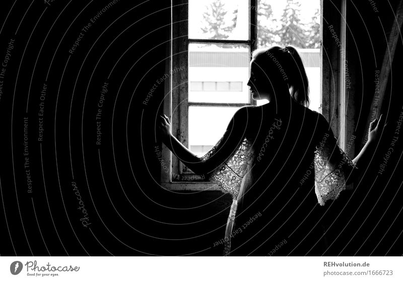 Alexa by the window. Human being Feminine Young woman Youth (Young adults) 1 18 - 30 years Adults Window Dress Braids Observe Looking Stand Dark Black Emotions