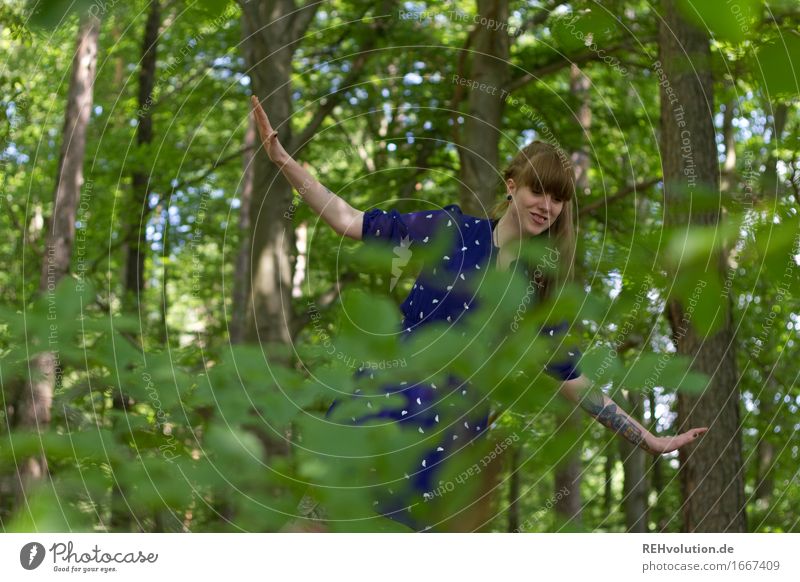 Blueing up in the woods. Human being Feminine Young woman Youth (Young adults) 1 18 - 30 years Adults Environment Nature Summer Tree Leaf Forest Dress Bangs