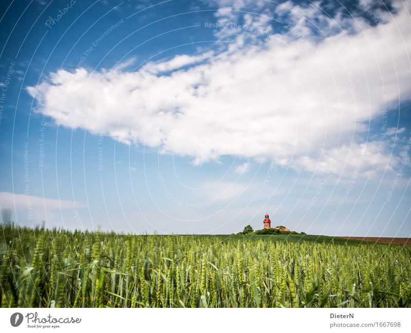 On the field Nature Landscape Sky Clouds Spring Weather Beautiful weather Field Deserted Building Architecture Tourist Attraction Blue Green White Lighthouse