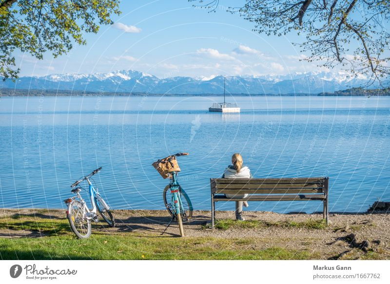 rest Vacation & Travel Human being Feminine Woman Adults Nature Water Lakeside Wait Blue Serene Calm Germany Starnberg Lake Starnberg tutzing Bicycle Bench