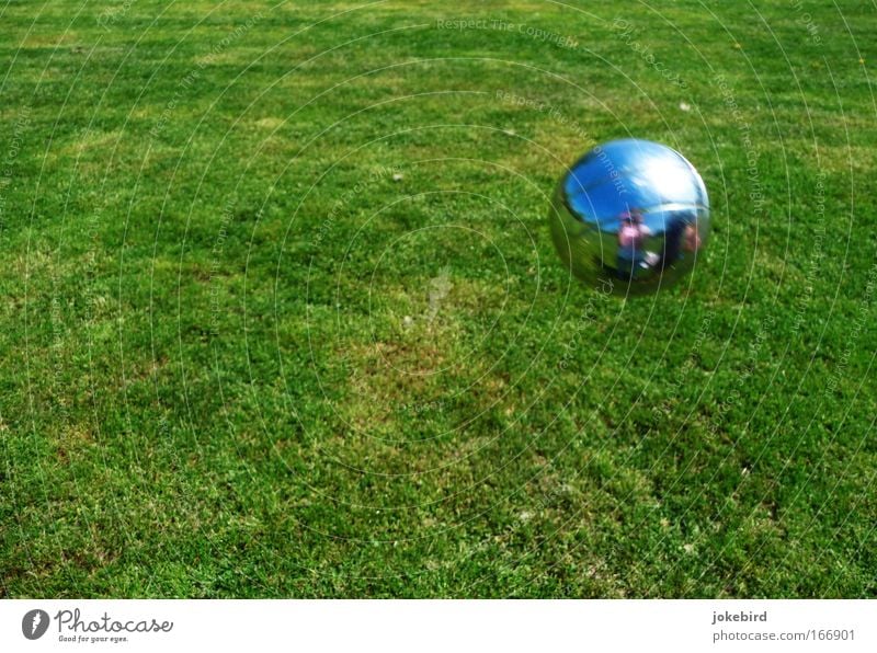 I see myself Joy Leisure and hobbies Playing Garden Boules Sky Summer Beautiful weather Grass Meadow Park Mirror Metal Sphere Relaxation Together Green Silver