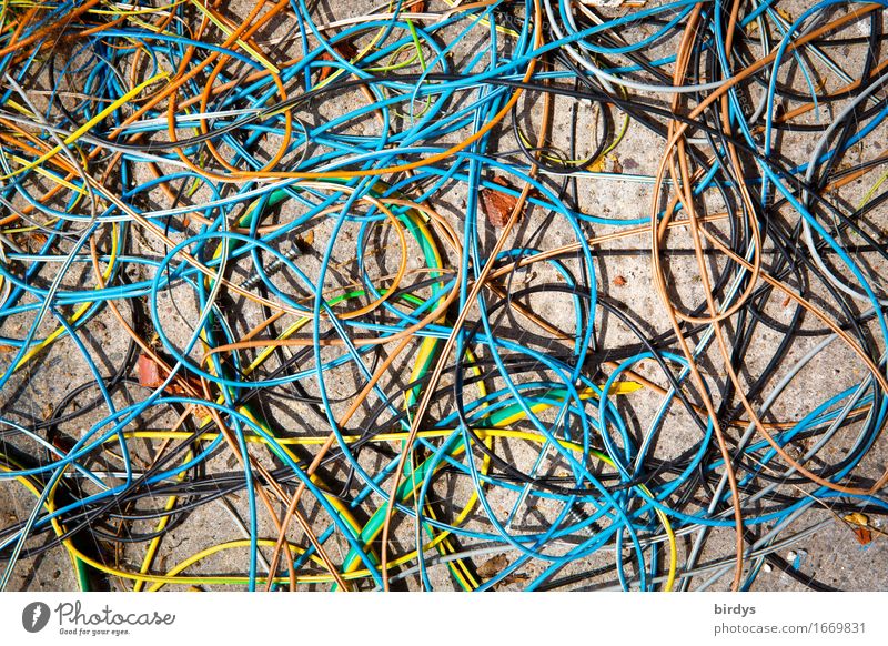 tangled cables Craft (trade) Construction site Cable Terminal connector Uniqueness Multicoloured Chaos Disaster Fiasco Arrangement full-frame image Muddled