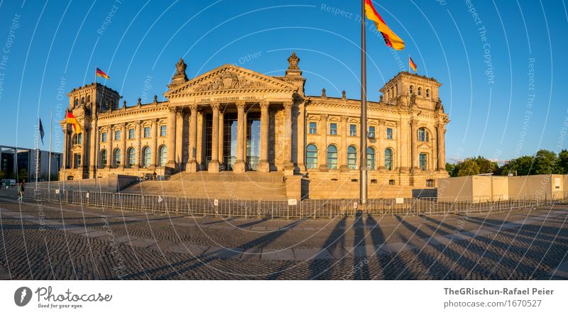 Reichstag Berlin Town Capital city Dream house Hut Blue Brown Gold Gray Black White Germany Tchlaaand Flag Flagpole Shadow Seat of government Palace Sunset