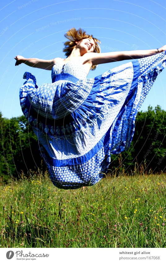 only flying is nicer! Colour photo Exterior shot Day Central perspective Full-length Closed eyes Feminine Young woman Youth (Young adults) Movement Jump