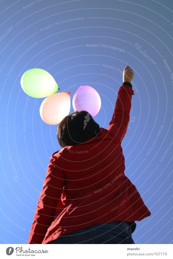 ° Balloons ° Colour photo Exterior shot Rear view Human being 1 Multicoloured Emotions Moody Joy let fly Flying Release Freedom Summer Spring Sky Blue Red