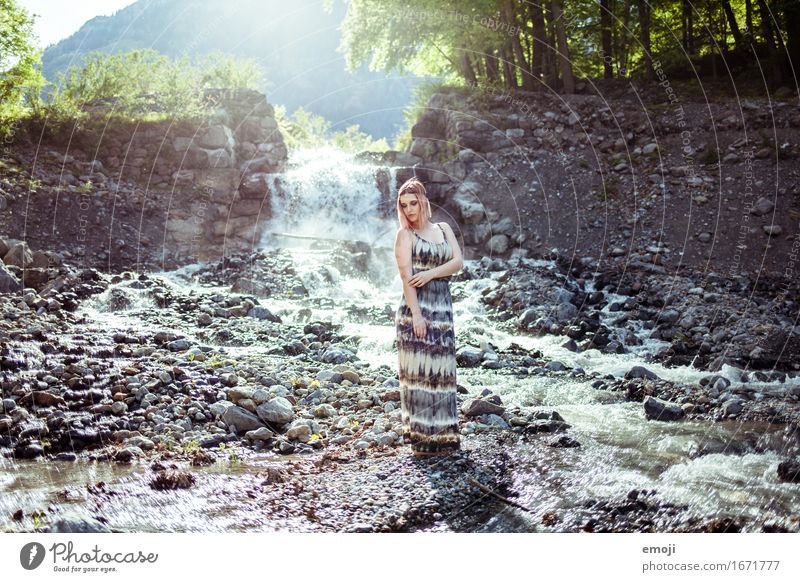 outside. Feminine Young woman Youth (Young adults) 1 Human being 18 - 30 years Adults Environment Nature Landscape Beautiful weather Brook River Waterfall