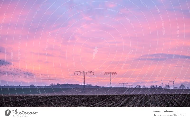 before sunrise in simple Brandenburg landscape Landscape Earth Air Sky Field "Fields windmills mast transmission lines Electric line" Energy Horizon Environment