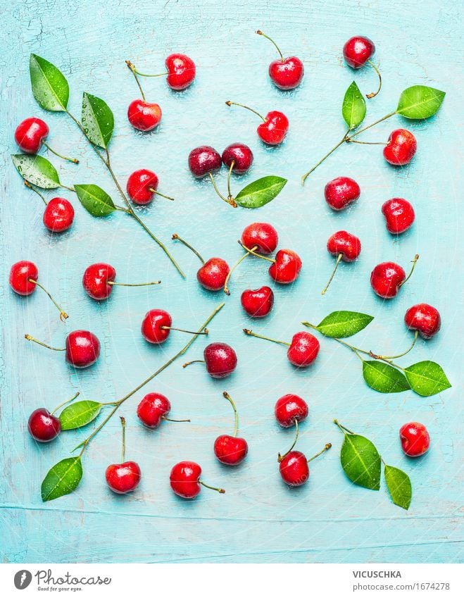 Sweet cherry pattern with green leaves Food Fruit Dessert Nutrition Organic produce Vegetarian diet Diet Style Design Healthy Eating Life Summer Nature Sign