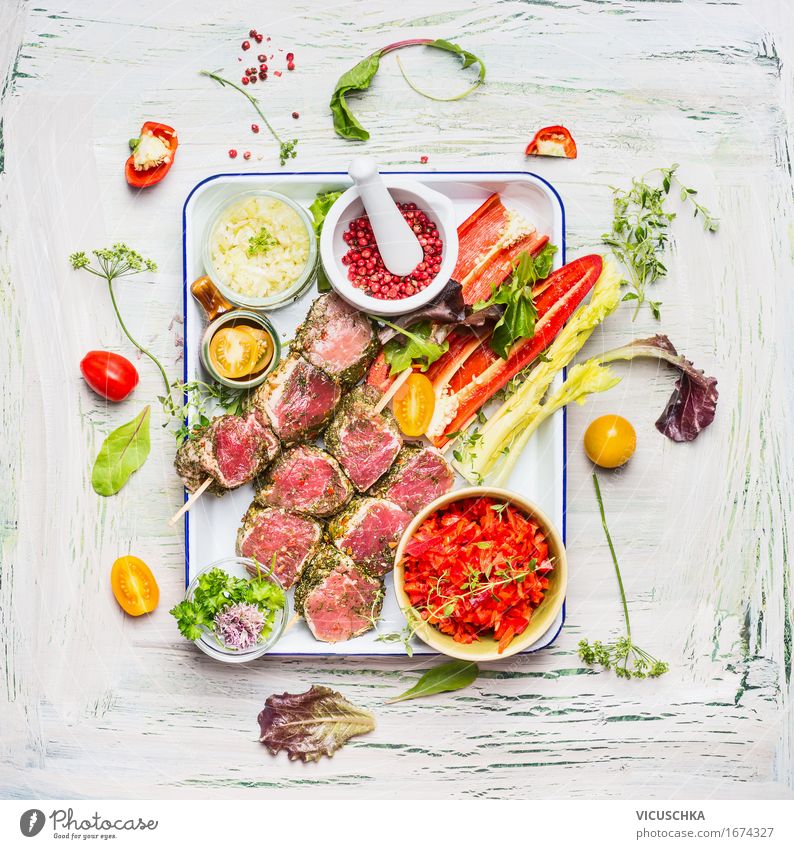 Summer meat skewers with vegetables for grilling Food Meat Vegetable Herbs and spices Nutrition Lunch Banquet Picnic Organic produce Bowl Style Design Life