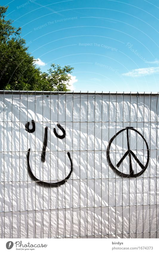 World peace would be nice Lifestyle Youth culture Sky Tree Hoarding Sign Graffiti Peace emoji Facial expression Smiling Laughter Brash Friendliness Happiness