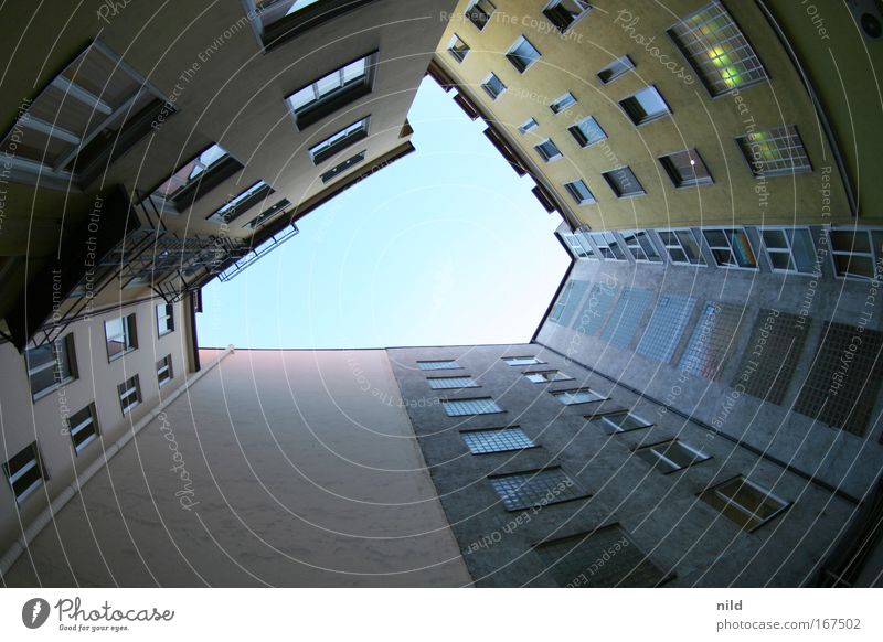 hin-ta-hof Colour photo Exterior shot Deserted Copy Space middle Deep depth of field Fisheye Munich House (Residential Structure) Manmade structures Building