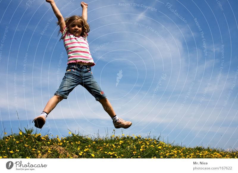 X Exterior shot Hiking Girl Nature Sky Beautiful weather Grass Meadow Hill T-shirt Movement Playing Jump Joy Happiness Joie de vivre (Vitality) Spring fever