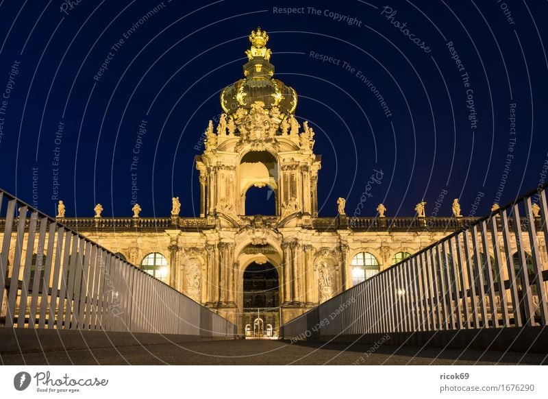 View of the Zwinger in Dresden at night Vacation & Travel Tourism Capital city Old town Bridge Building Architecture Tourist Attraction Historic Yellow Culture